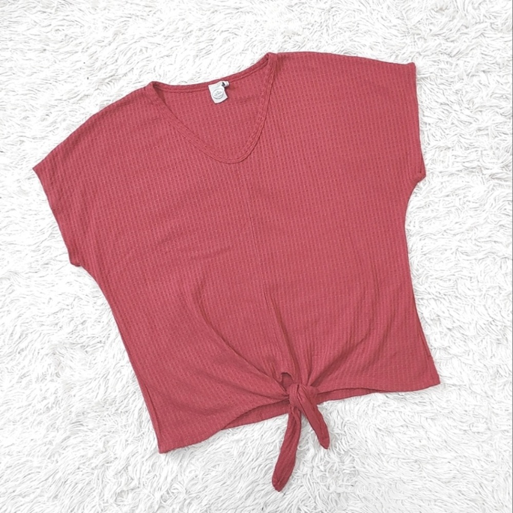 Anthropologie Paper Crane Waffle Knit Tie Front Oversized V-Neck Tee Rust Red S